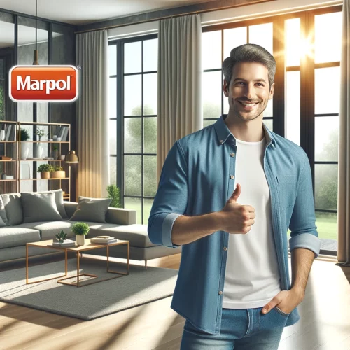 Scena oddaje zadowolenie z energooszczędnych i estetycznie dopasowanych okien zainstalowanych przez firmę Marpol,